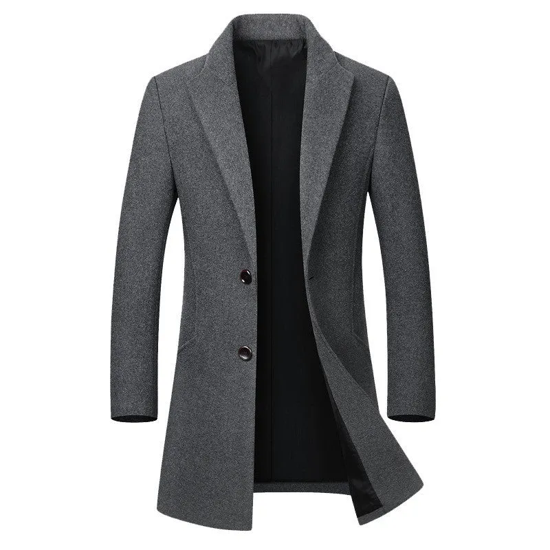 Men's long woolen trench coat in dark navy double-breasted with notch lapel