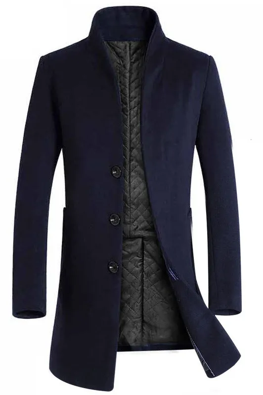 Men's long woolen trench coat in dark navy double-breasted with notch lapel
