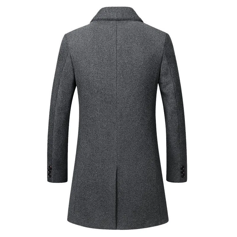 Men's long woolen trench coat in dark navy double-breasted with notch lapel