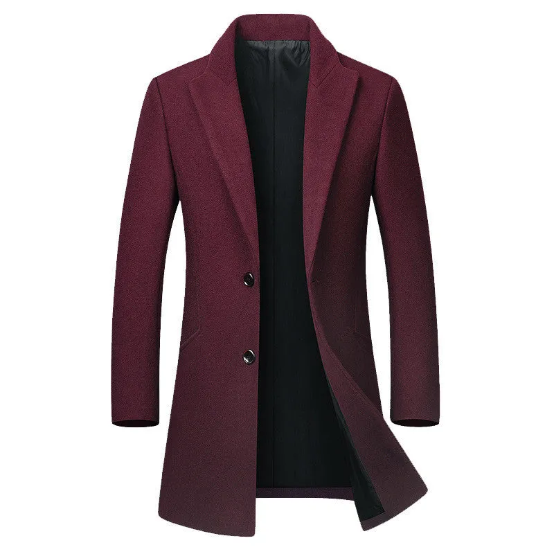 Men's long woolen trench coat in dark navy double-breasted with notch lapel
