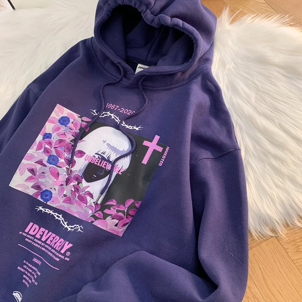 Jojo National Tide Rose Girl hooded sweater in navy, loose fit with printed character graphic for men and women