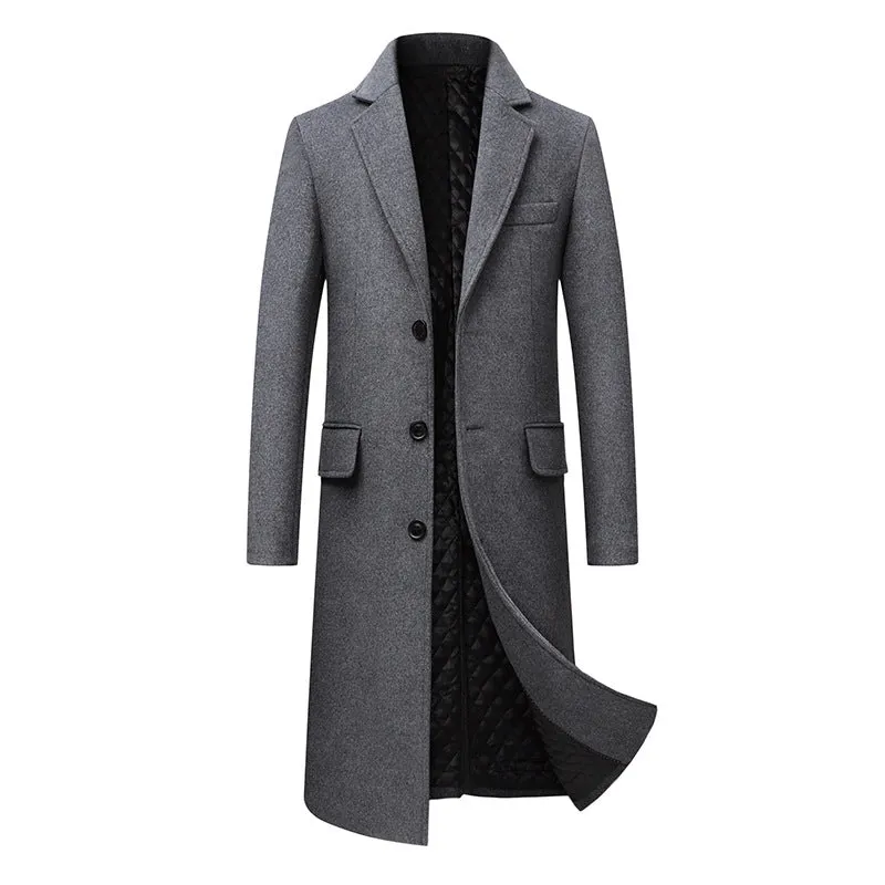 Men casual plus cotton long coat polyester blend lapel collar loose fit black colour