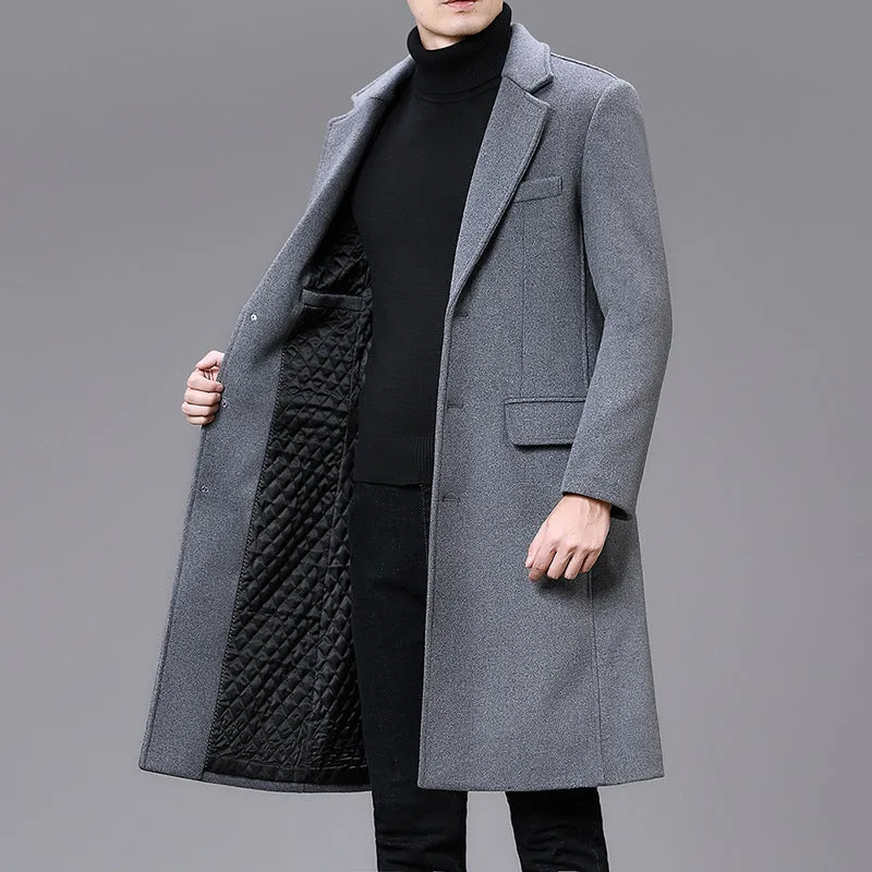 Men casual plus cotton long coat polyester blend lapel collar loose fit black colour