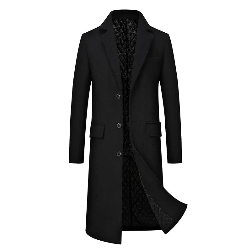 Men casual plus cotton long coat polyester blend lapel collar loose fit black colour