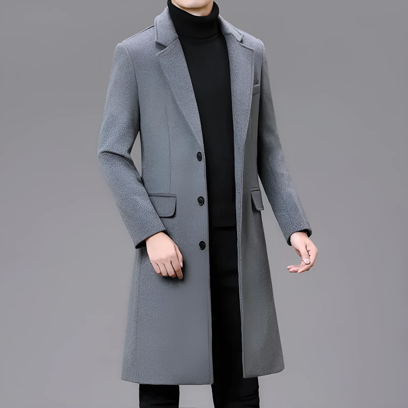 Men casual plus cotton long coat polyester blend lapel collar loose fit black colour