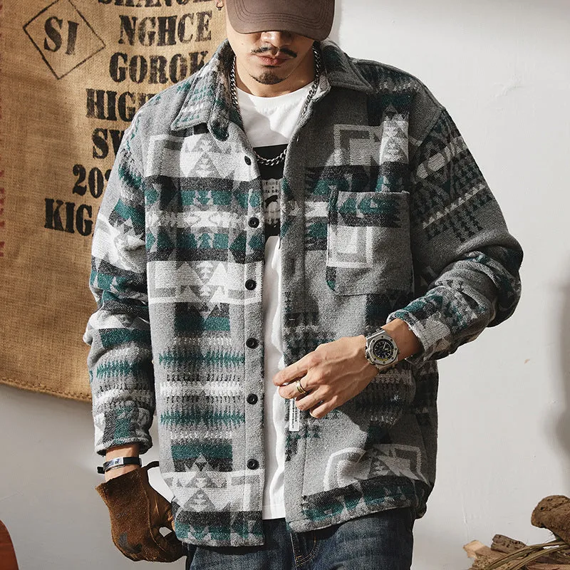 Fashion brand men's long sleeve loose fit shirt with geometric pattern in blue on display