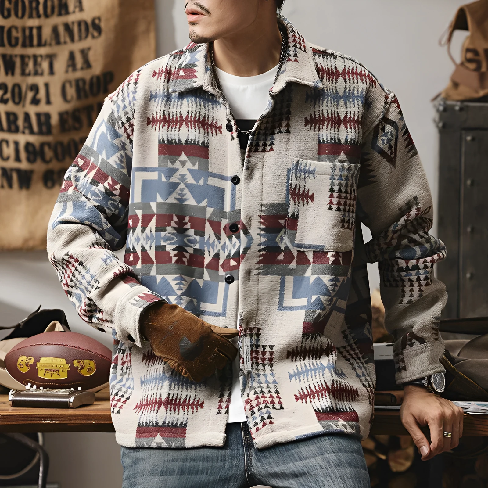 Fashion brand men's long sleeve loose fit shirt with geometric pattern in blue on display
