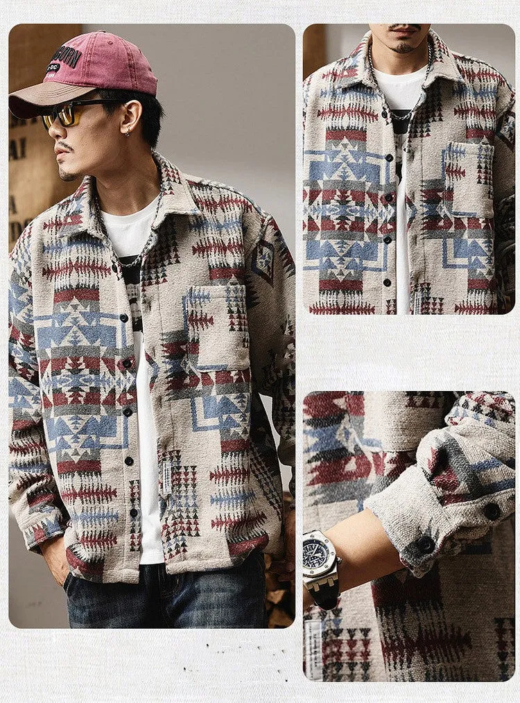 Fashion brand men's long sleeve loose fit shirt with geometric pattern in blue on display