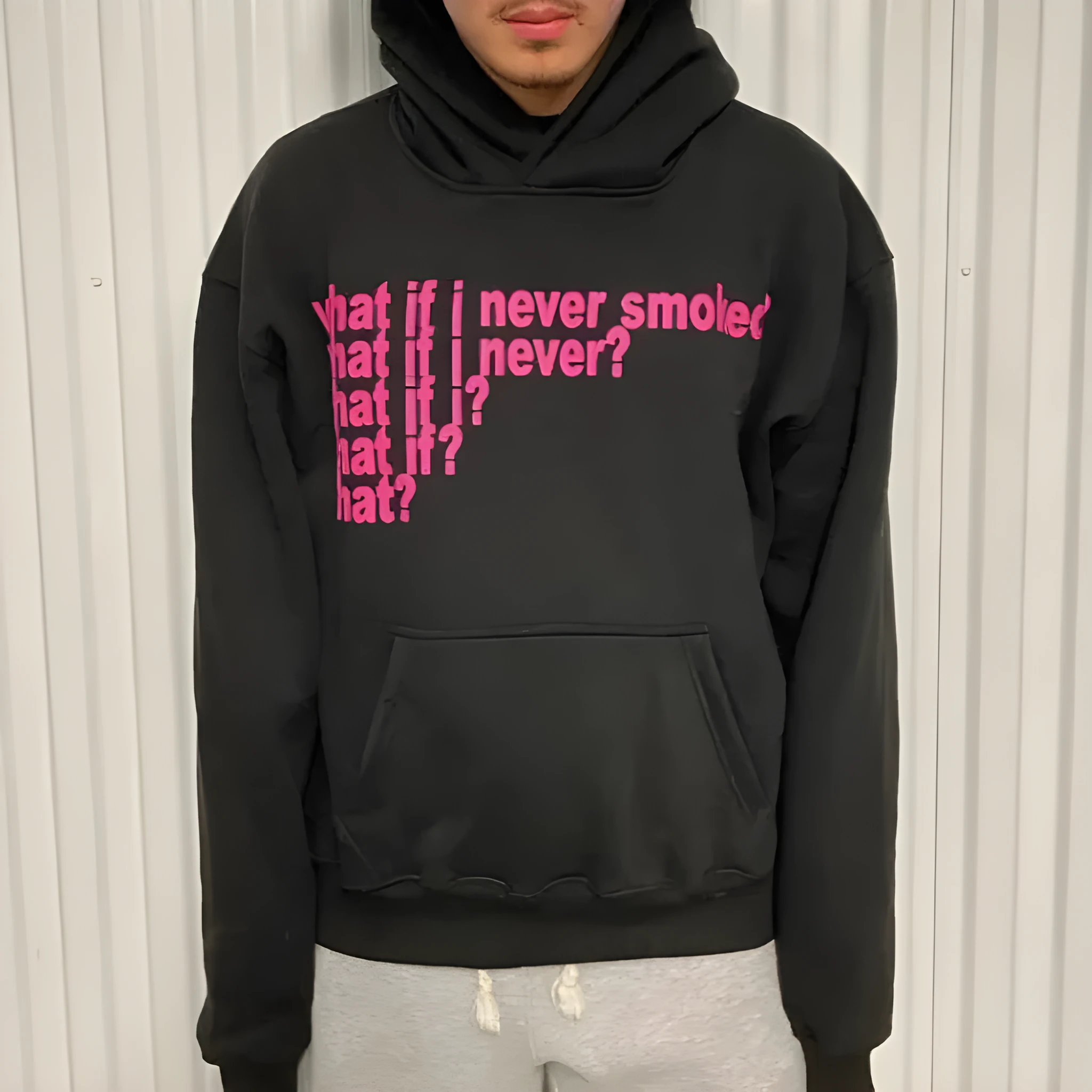 Black heavyweight hooded sweater with letter print and figures pattern design, regular sleeves, pullover style