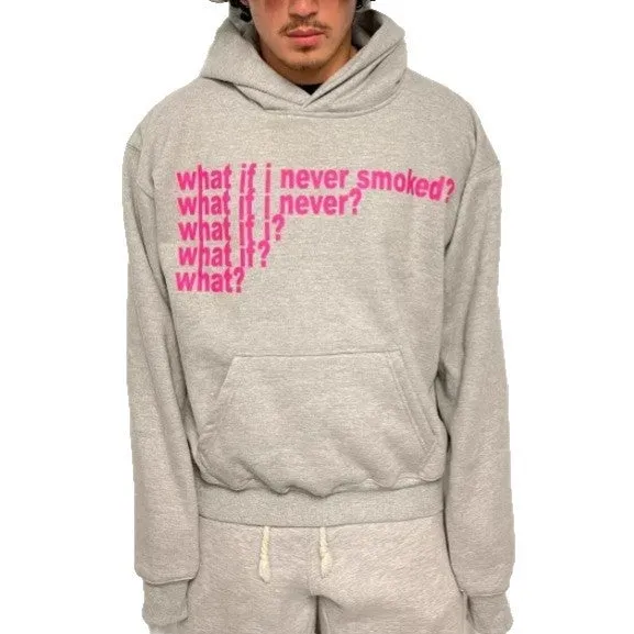 Black heavyweight hooded sweater with letter print and figures pattern design, regular sleeves, pullover style