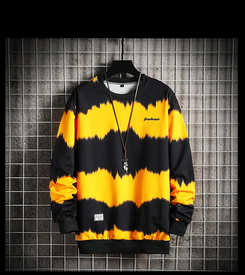 Two-tone tie-dye plus size loose casual men's sweater in yellow, round neck, long sleeves