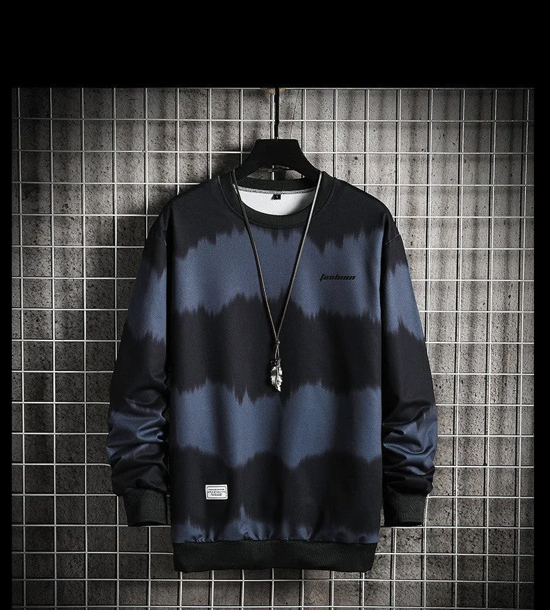 Two-tone tie-dye plus size loose casual men's sweater in yellow, round neck, long sleeves