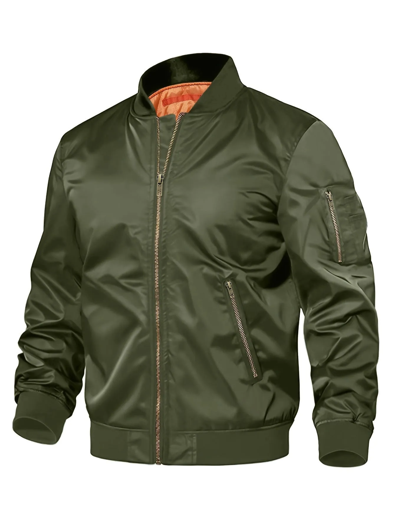 Mens nylon baseball jacket with zipper, regular fit, long sleeves, in army green colour, front view on model