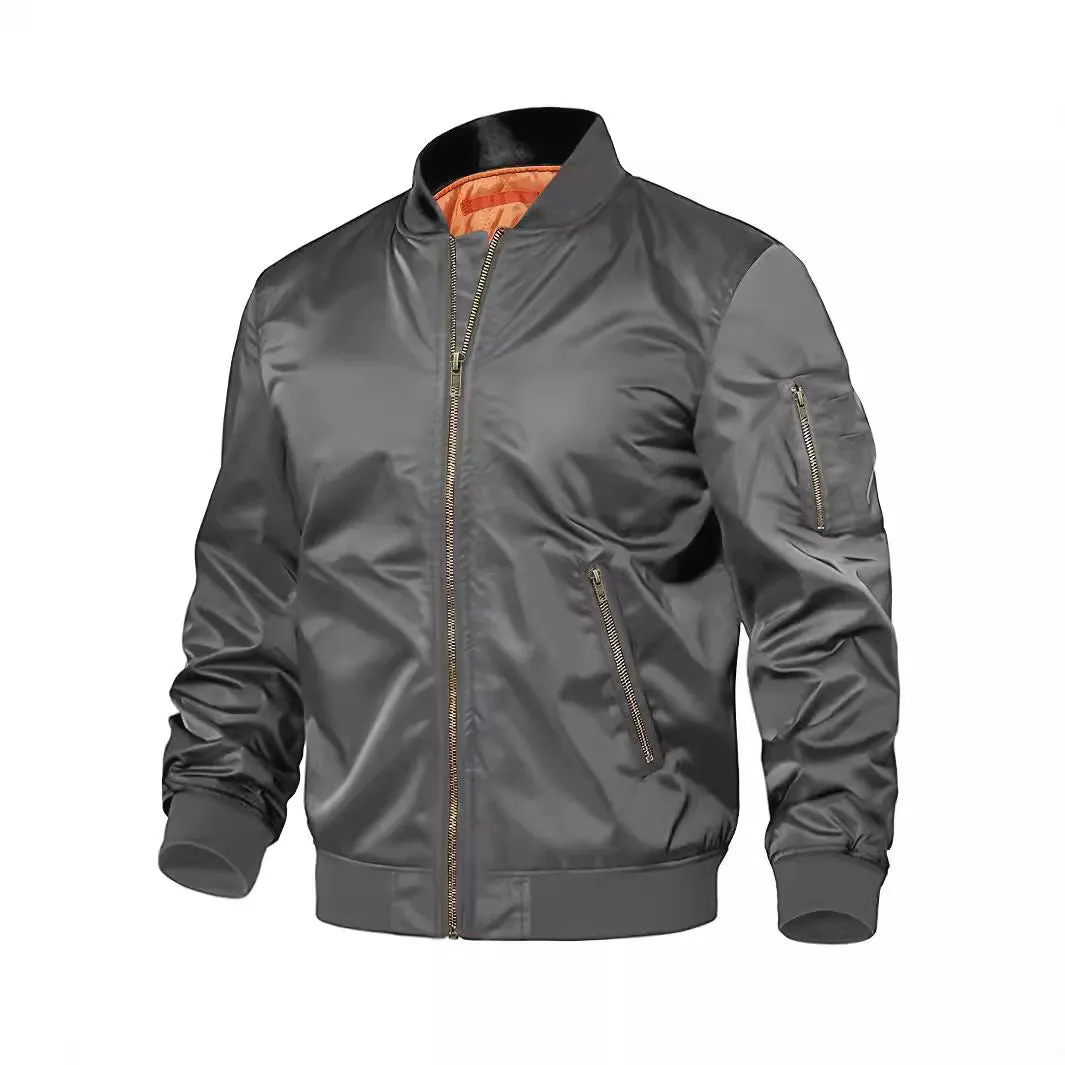 Mens nylon baseball jacket with zipper, regular fit, long sleeves, in army green colour, front view on model