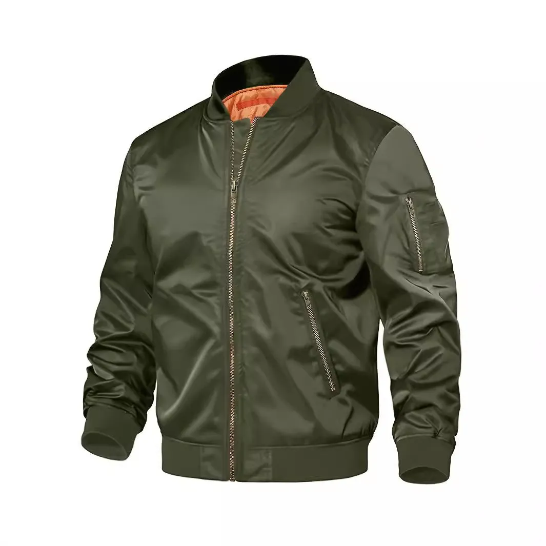 Mens nylon baseball jacket with zipper, regular fit, long sleeves, in army green colour, front view on model