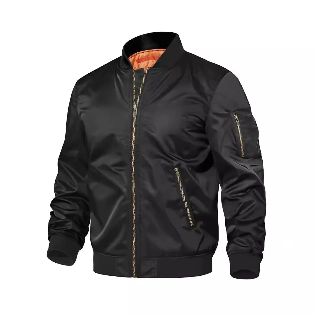 Mens nylon baseball jacket with zipper, regular fit, long sleeves, in army green colour, front view on model