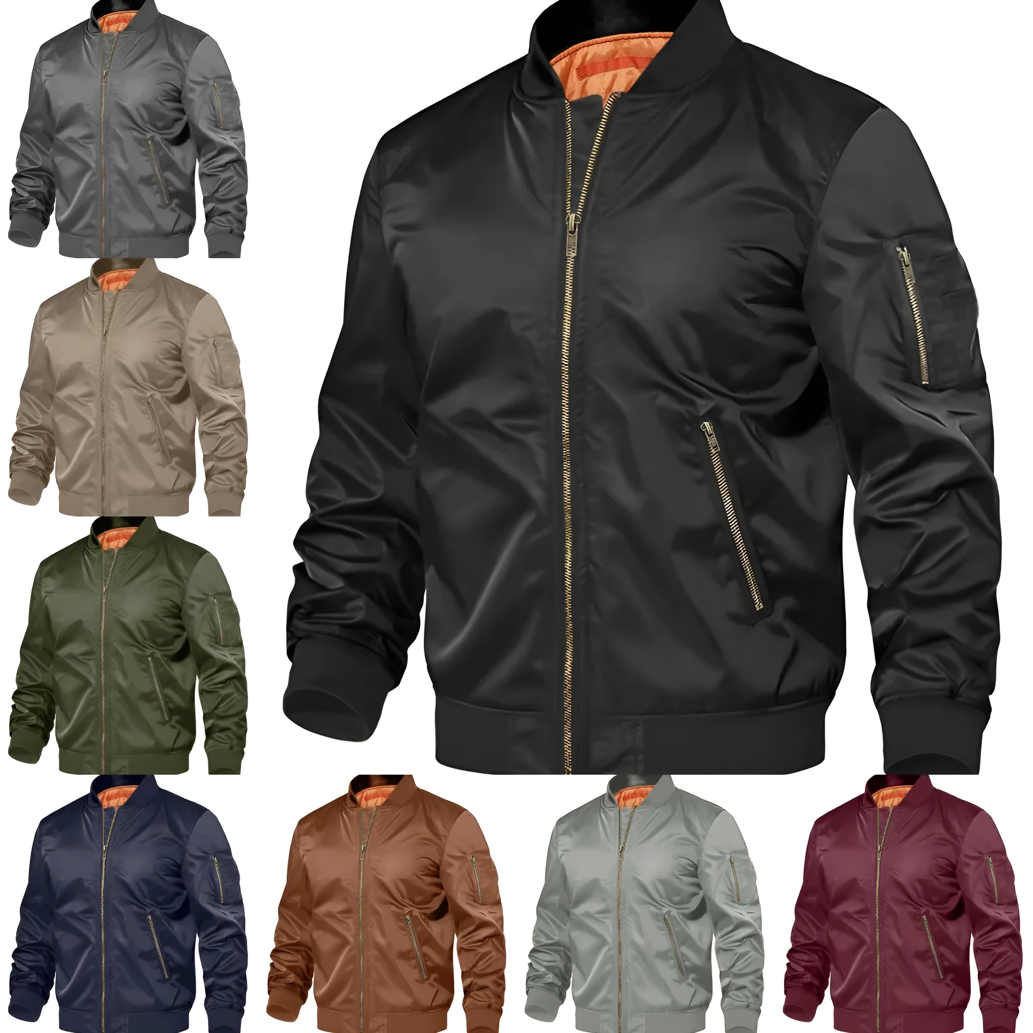 Mens nylon baseball jacket with zipper, regular fit, long sleeves, in army green colour, front view on model
