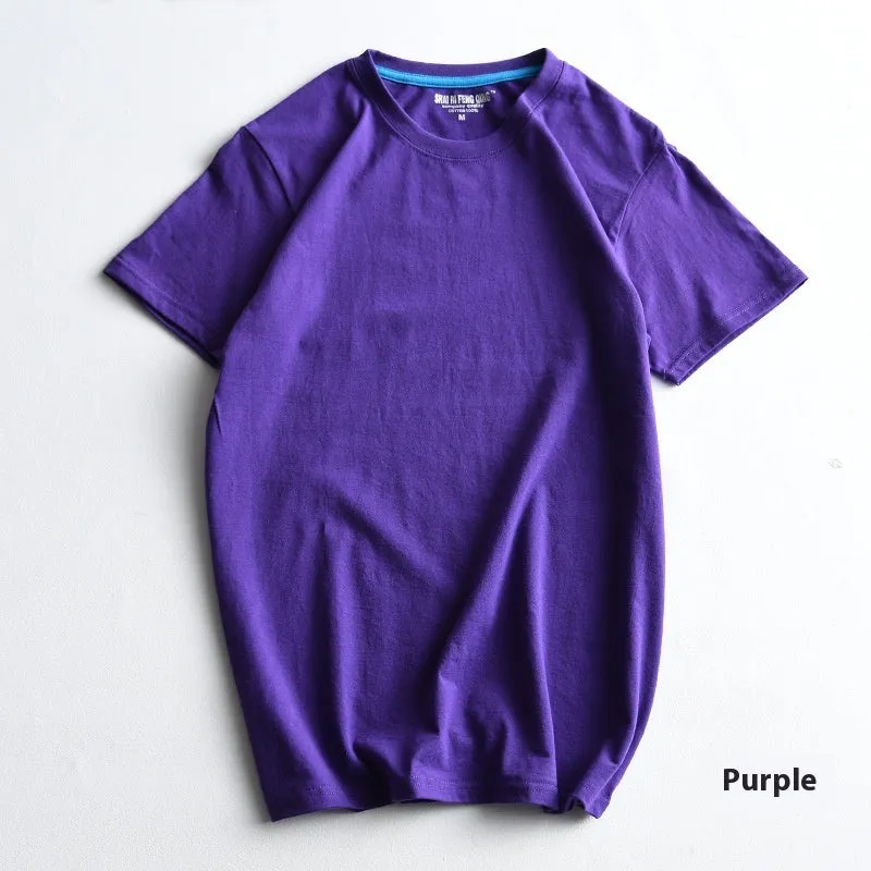 Men's solid colour cotton T-shirt on a hanger, showing round neck and short sleeve design.