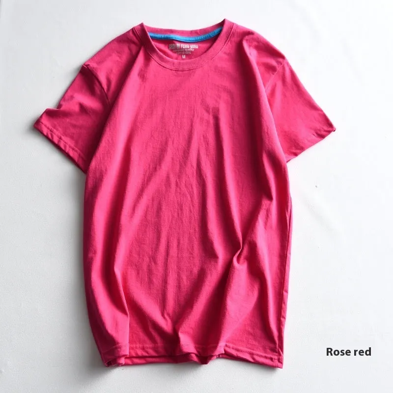 Men's solid colour cotton T-shirt on a hanger, showing round neck and short sleeve design.