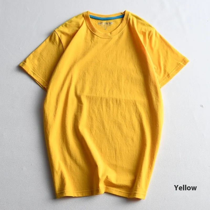 Men's solid colour cotton T-shirt on a hanger, showing round neck and short sleeve design.