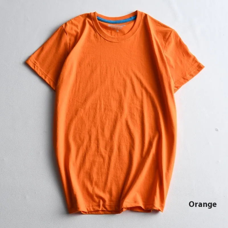 Men's solid colour cotton T-shirt on a hanger, showing round neck and short sleeve design.