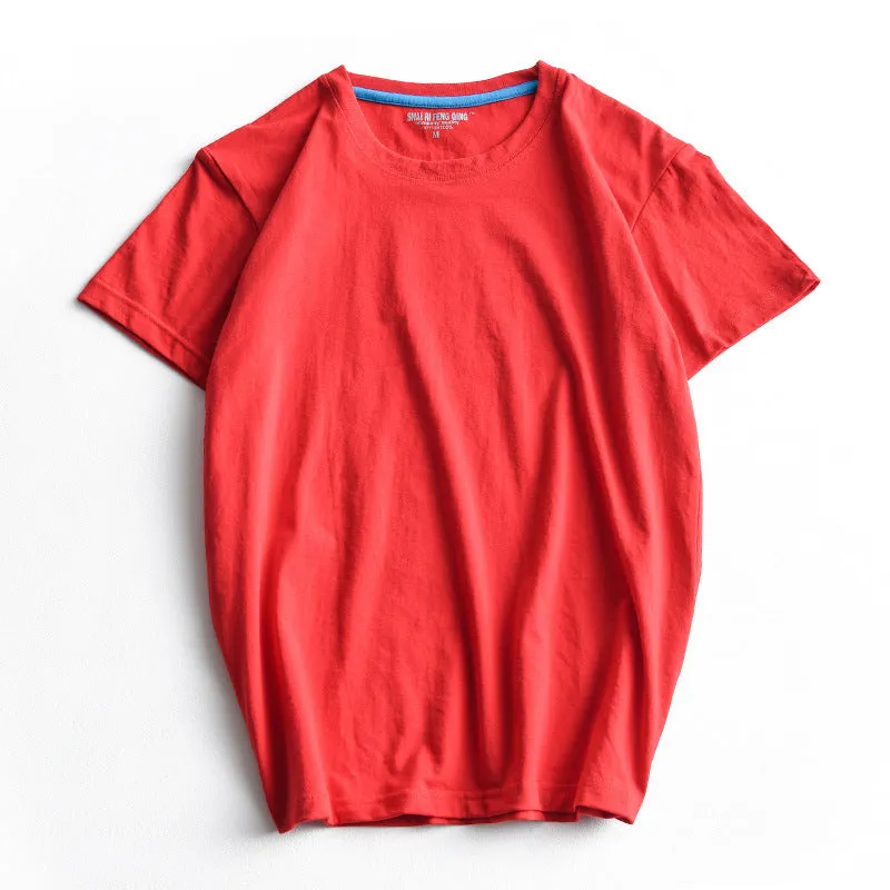 Men's solid colour cotton T-shirt on a hanger, showing round neck and short sleeve design.