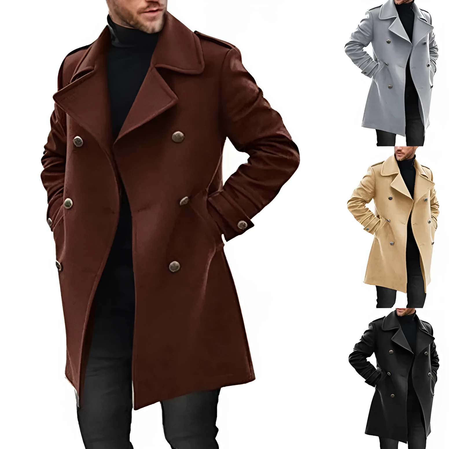 Woolen men's coat in solid colour with polyester lining, straight hem, and embedded pockets on a model