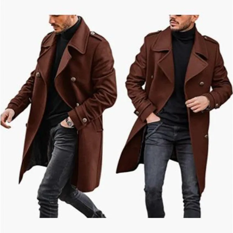Woolen men's coat in solid colour with polyester lining, straight hem, and embedded pockets on a model