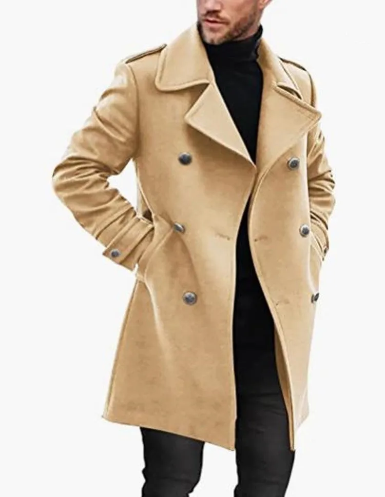 Woolen men's coat in solid colour with polyester lining, straight hem, and embedded pockets on a model