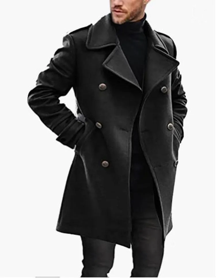 Woolen men's coat in solid colour with polyester lining, straight hem, and embedded pockets on a model
