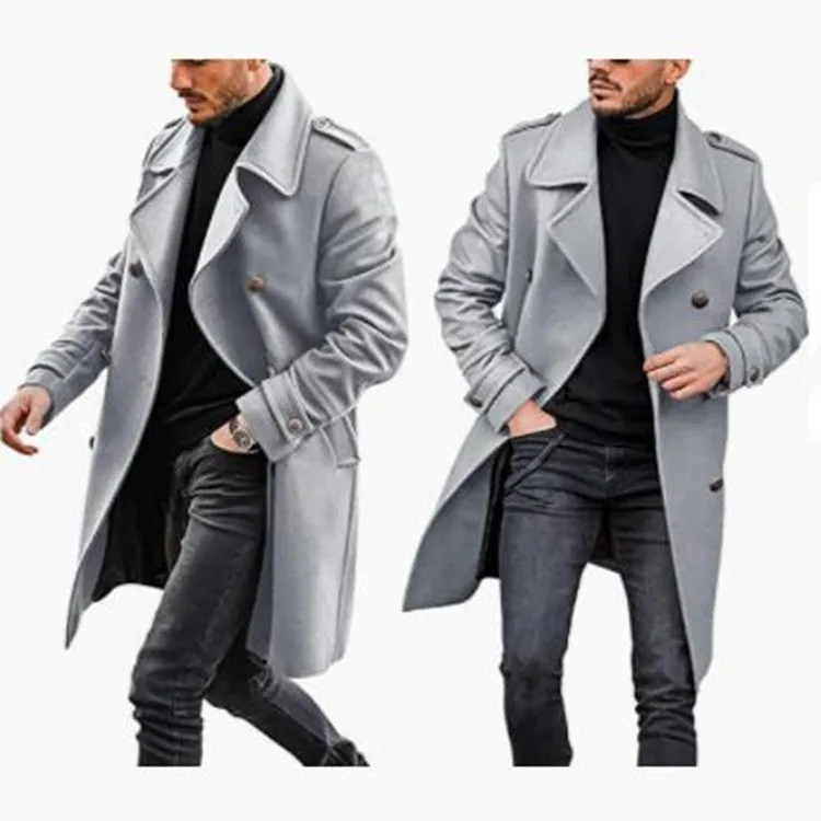 Woolen men's coat in solid colour with polyester lining, straight hem, and embedded pockets on a model