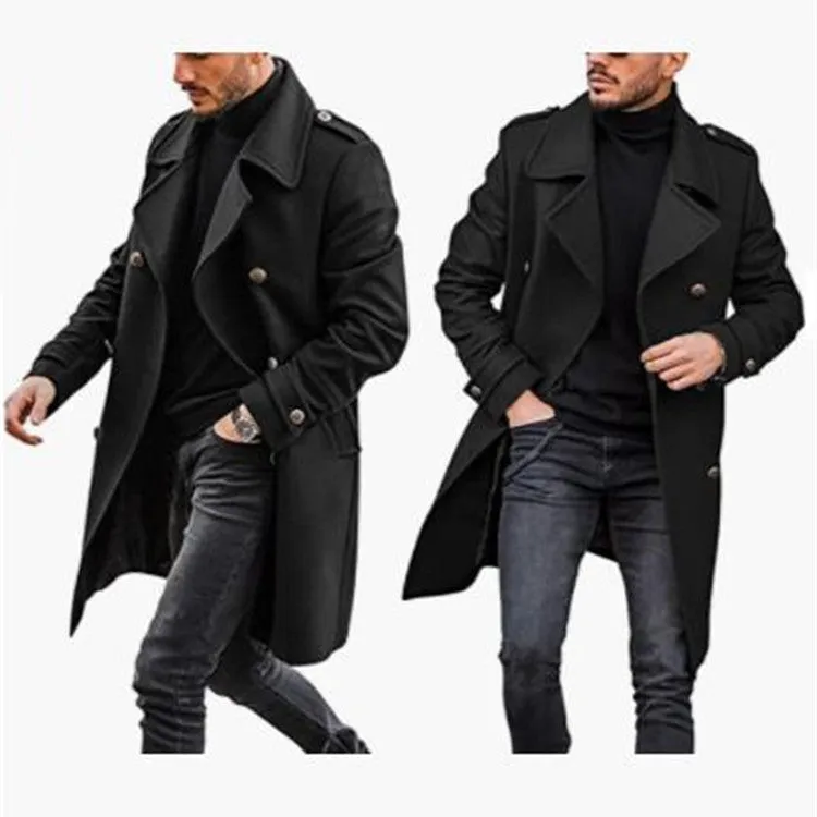 Woolen men's coat in solid colour with polyester lining, straight hem, and embedded pockets on a model