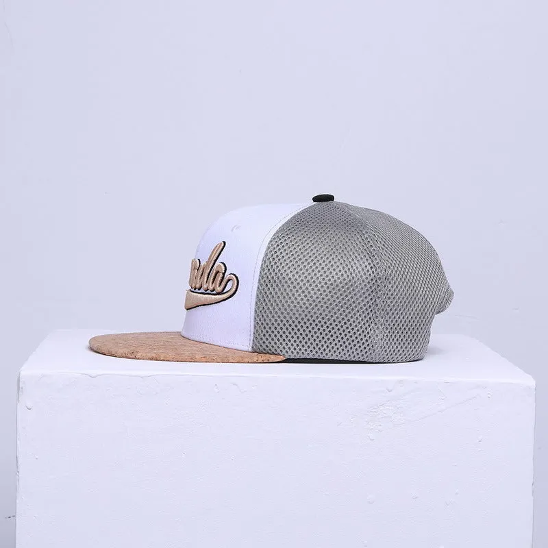 White mesh baseball cap with cotton twill, adjustable strap, and big brim for sun protection