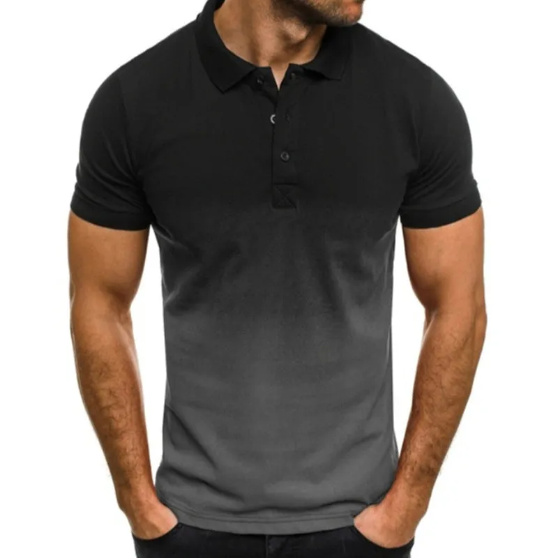 Men's slim-fit gradient print short-sleeved polo shirt with stand-up collar in blue