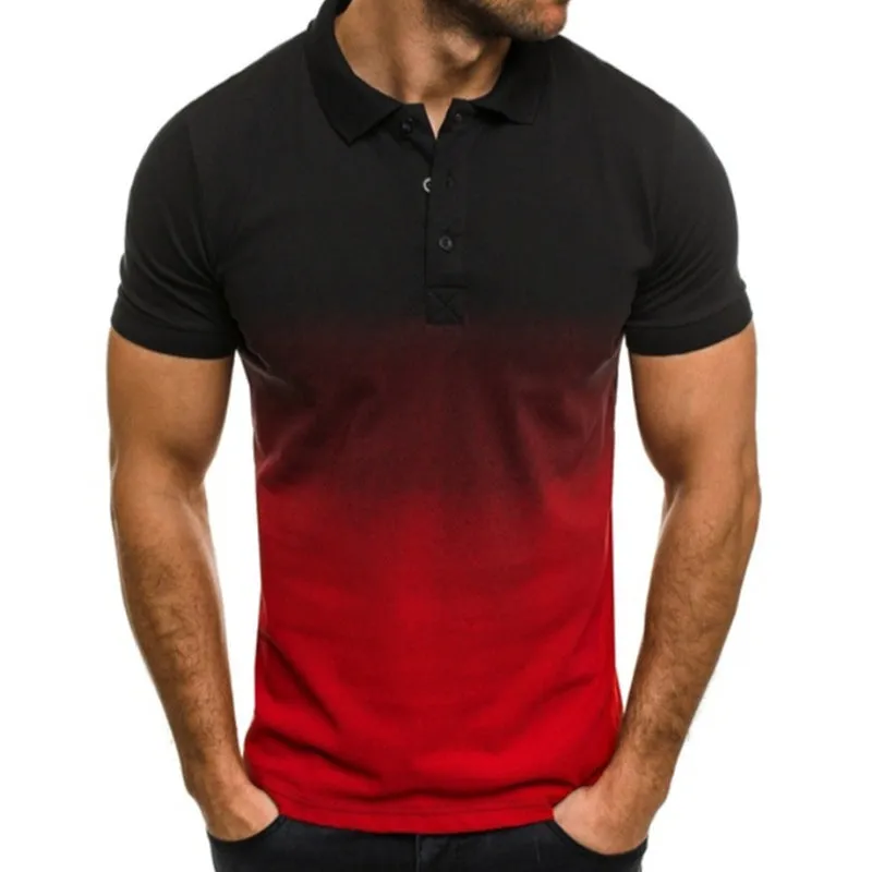 Men's slim-fit gradient print short-sleeved polo shirt with stand-up collar in blue