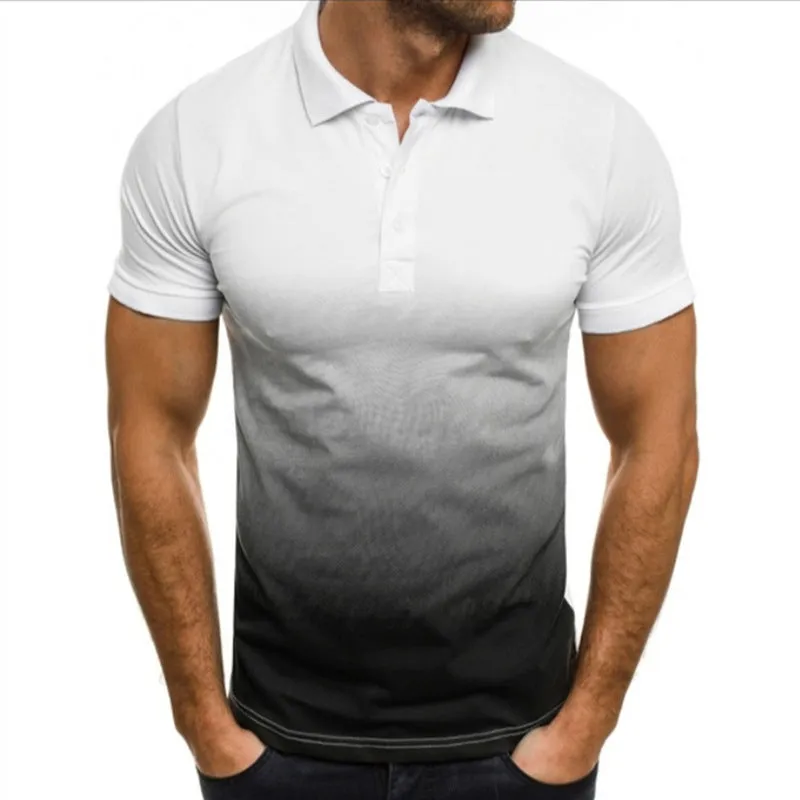 Men's slim-fit gradient print short-sleeved polo shirt with stand-up collar in blue