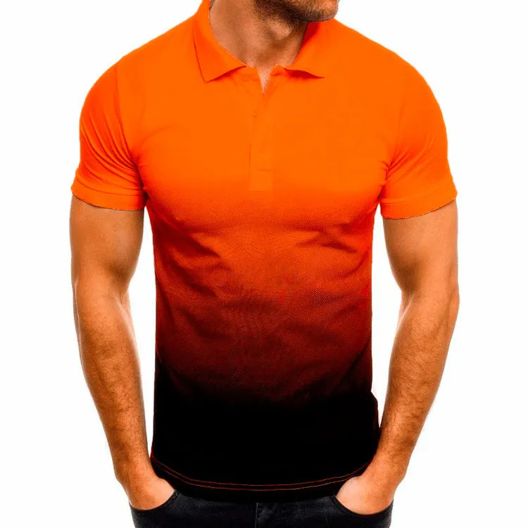 Men's slim-fit gradient print short-sleeved polo shirt with stand-up collar in blue