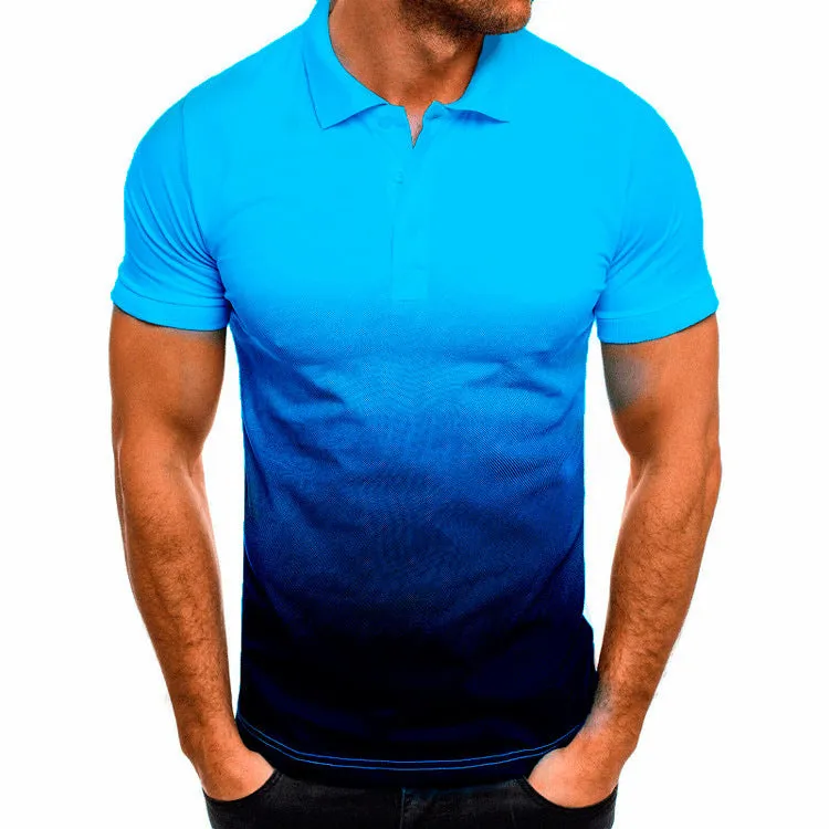 Men's slim-fit gradient print short-sleeved polo shirt with stand-up collar in blue