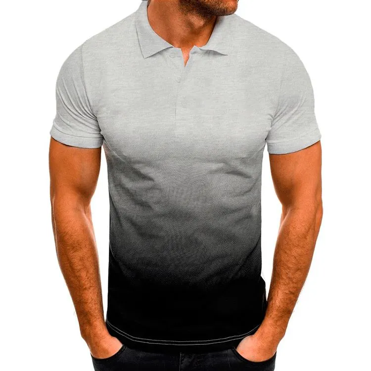 Men's slim-fit gradient print short-sleeved polo shirt with stand-up collar in blue