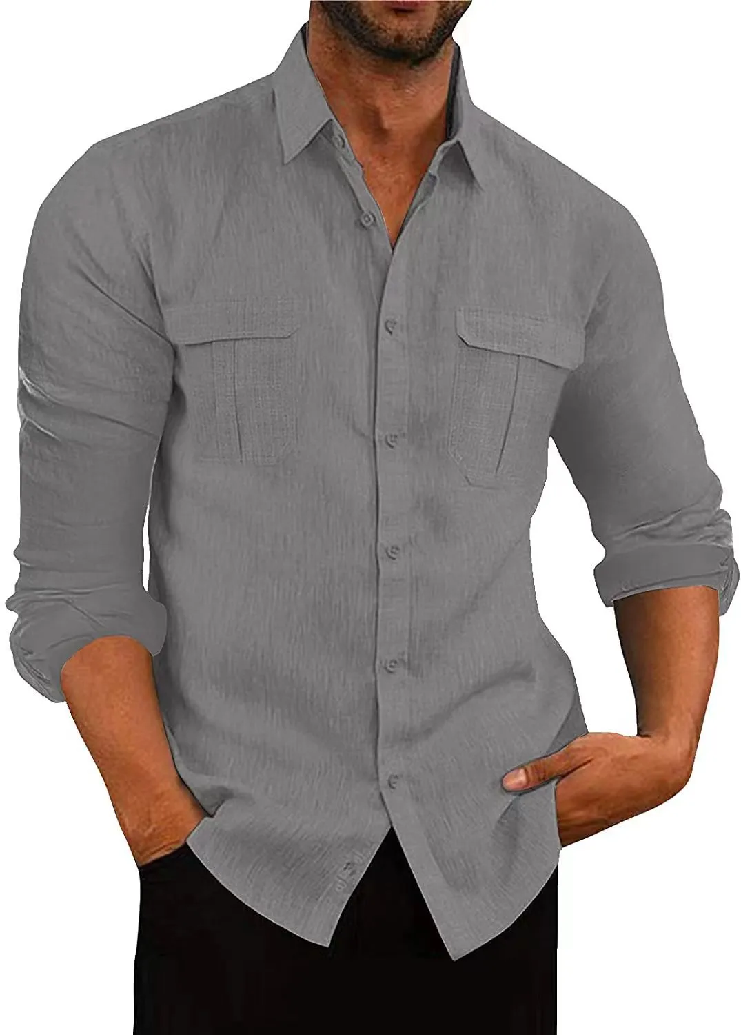 Men's double pocket cotton-linen pullover shirt in loose fit lapel collar style