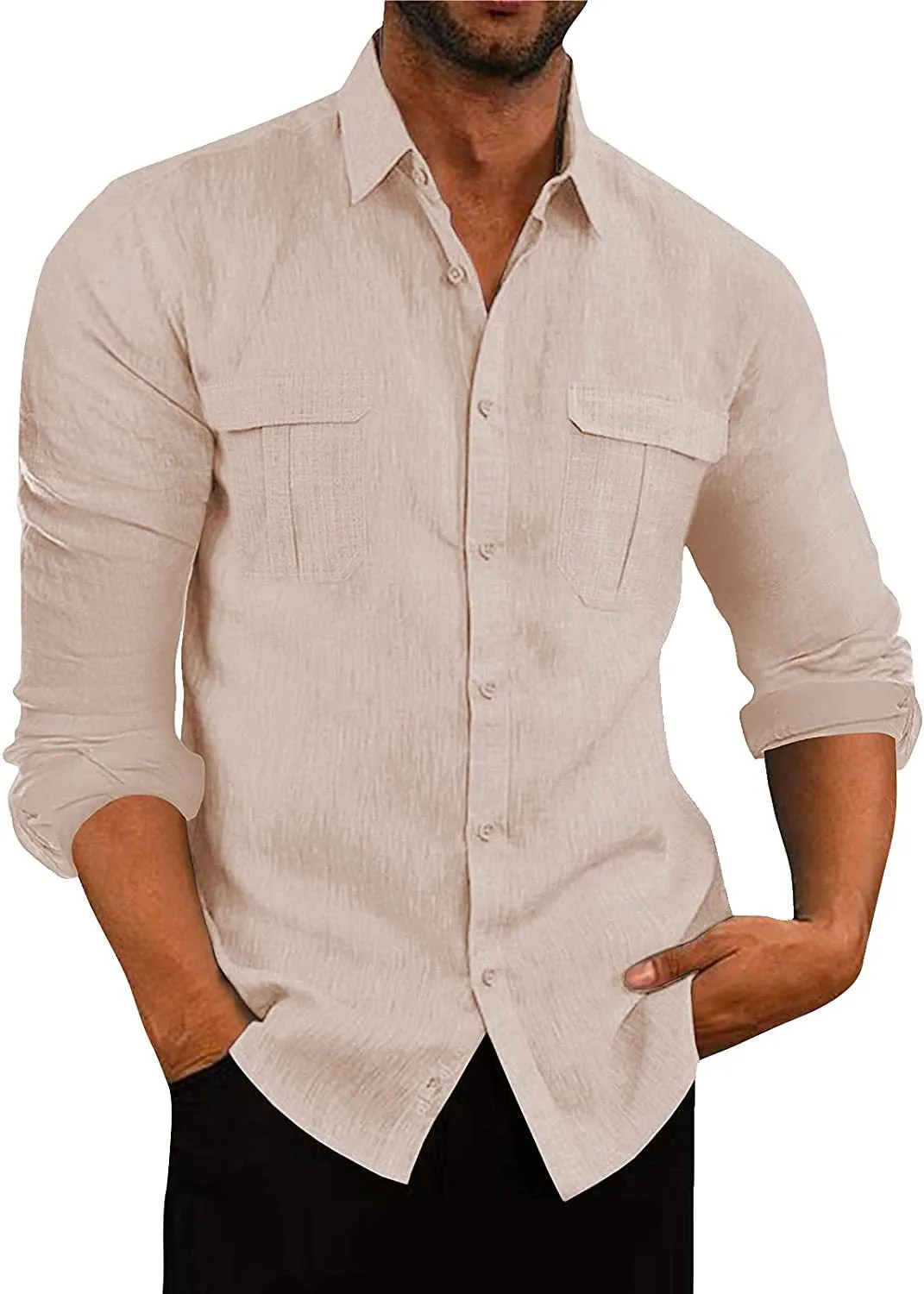 Men's double pocket cotton-linen pullover shirt in loose fit lapel collar style
