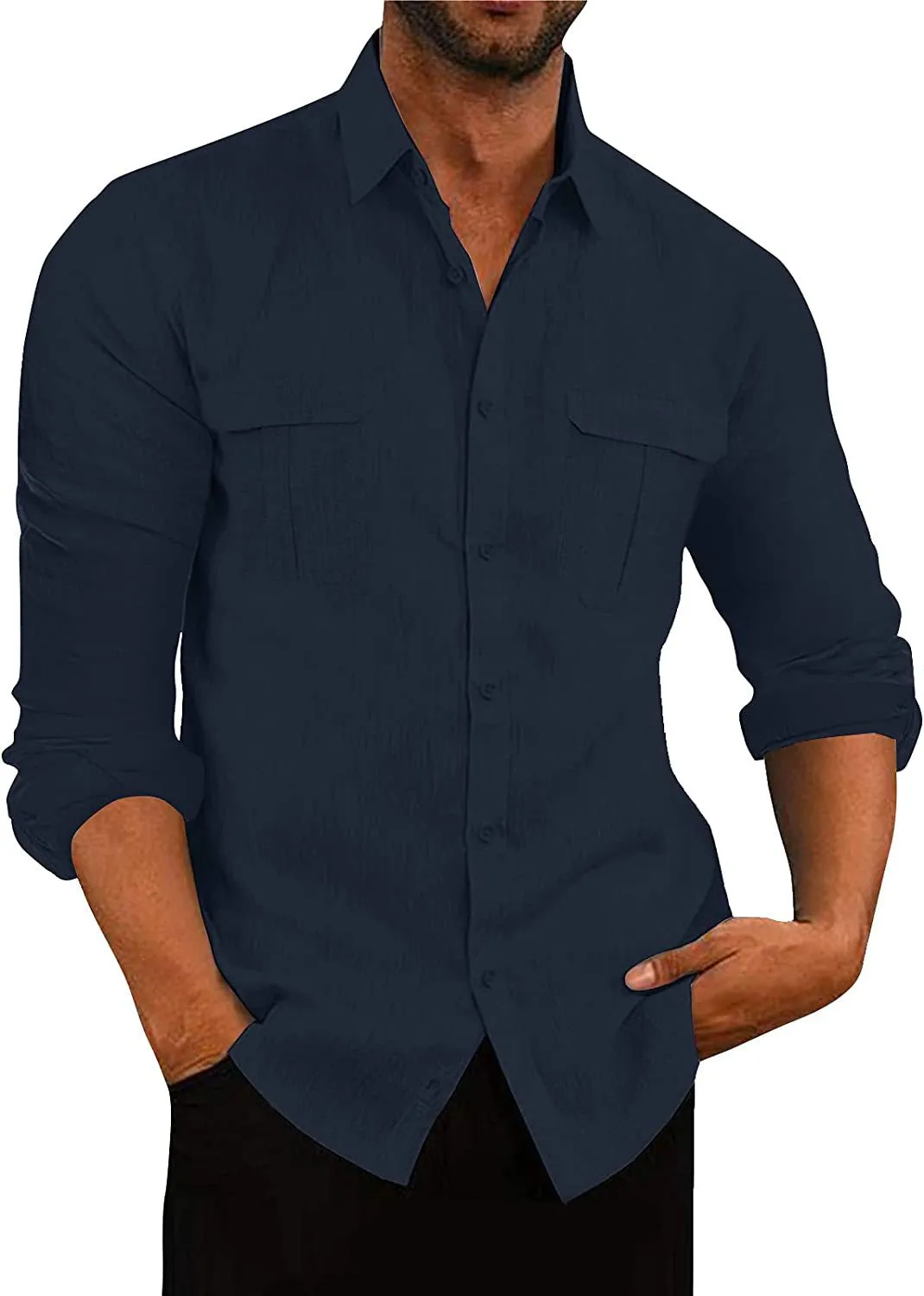 Men's double pocket cotton-linen pullover shirt in loose fit lapel collar style