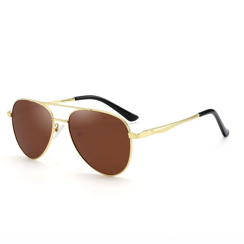Retro classic vintage sunglasses with gold frame and black grey TAC polarised lenses on a white background