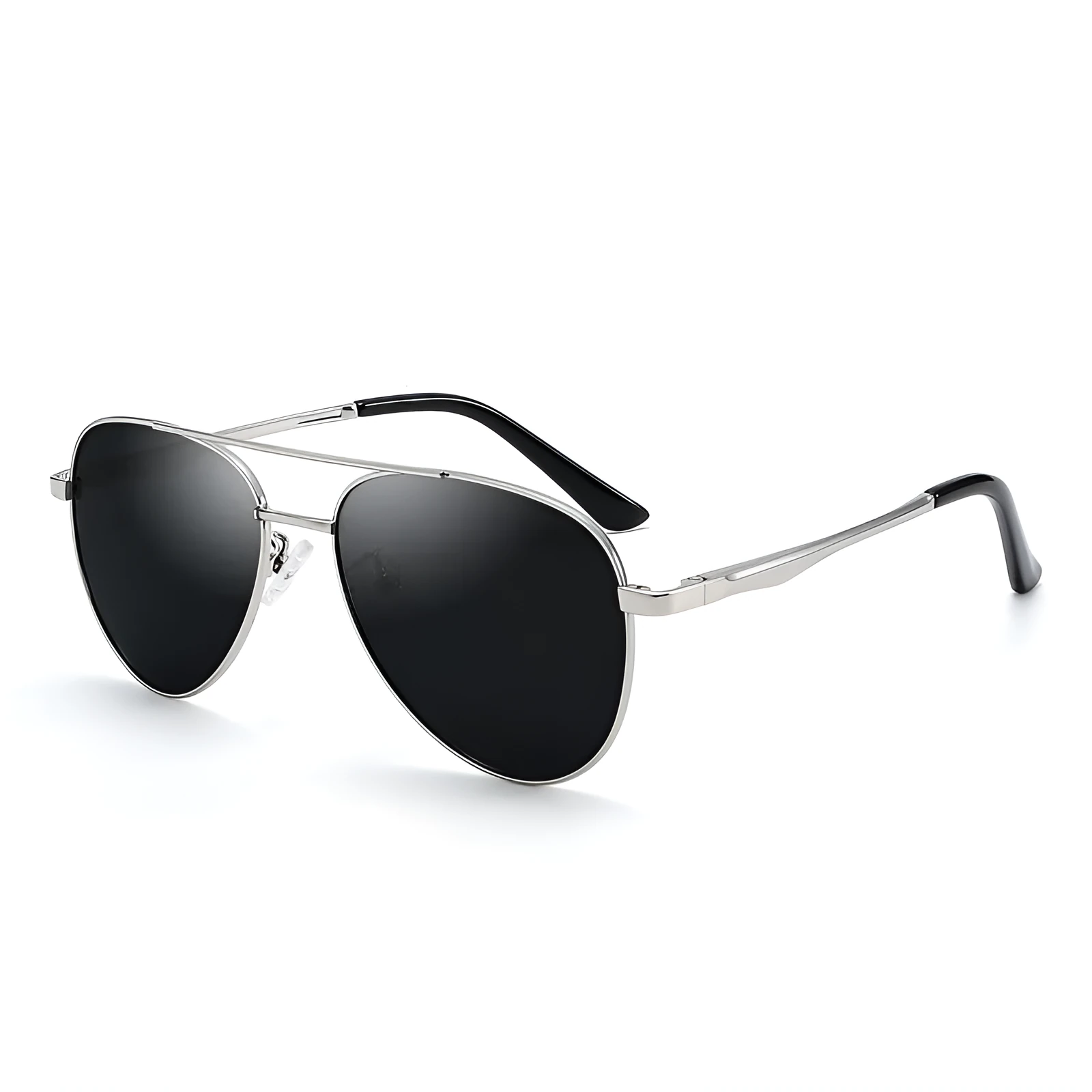 Retro classic vintage sunglasses with gold frame and black grey TAC polarised lenses on a white background