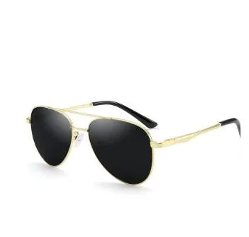 Retro classic vintage sunglasses with gold frame and black grey TAC polarised lenses on a white background