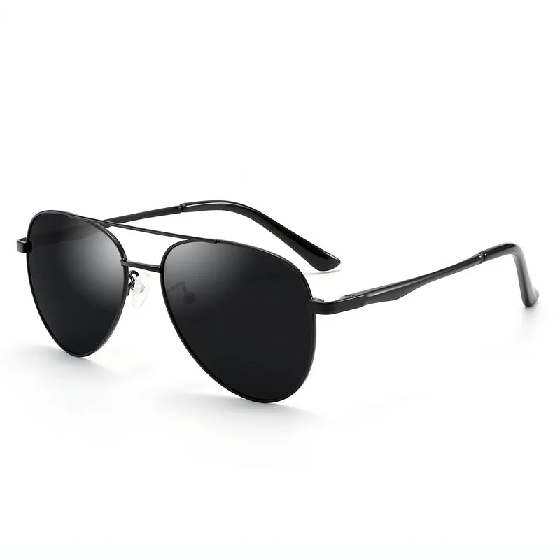 Retro classic vintage sunglasses with gold frame and black grey TAC polarised lenses on a white background
