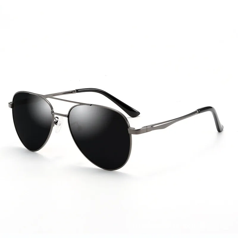 Retro classic vintage sunglasses with gold frame and black grey TAC polarised lenses on a white background