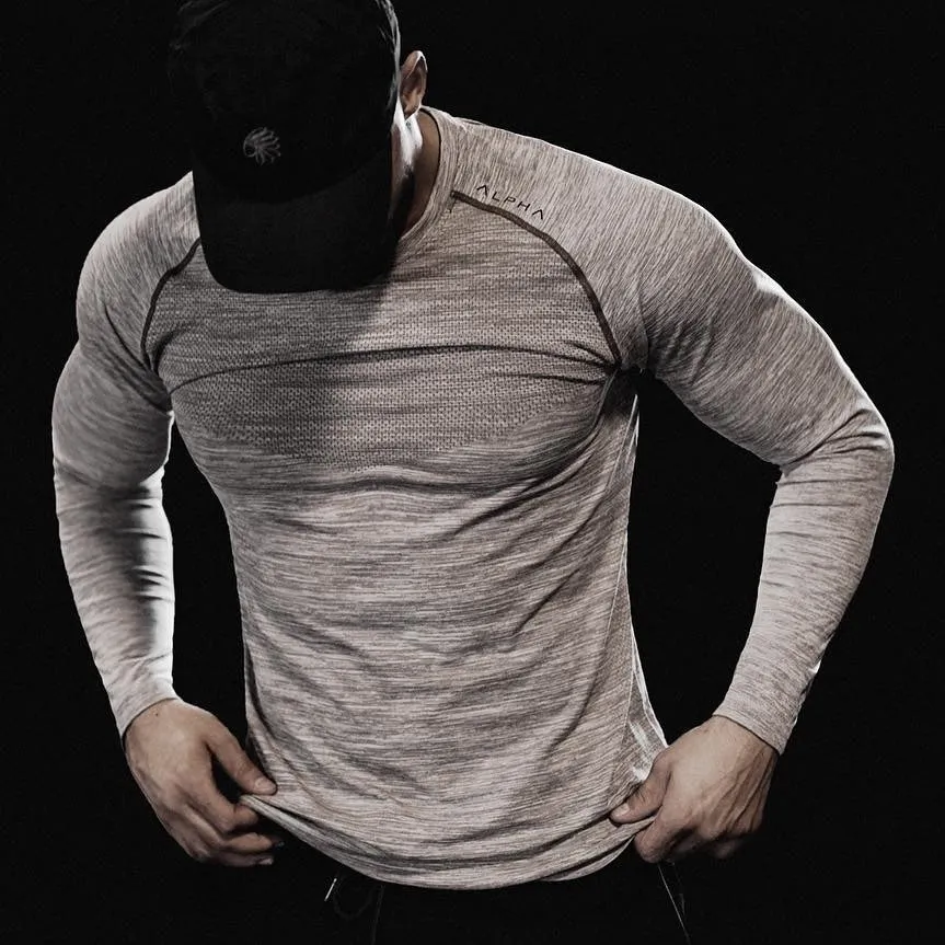 Men long sleeve mesh breathable gym T-shirt in black, crew-neck, heavy jersey fabric, size M to XXL