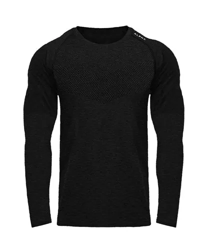 Men long sleeve mesh breathable gym T-shirt in black, crew-neck, heavy jersey fabric, size M to XXL