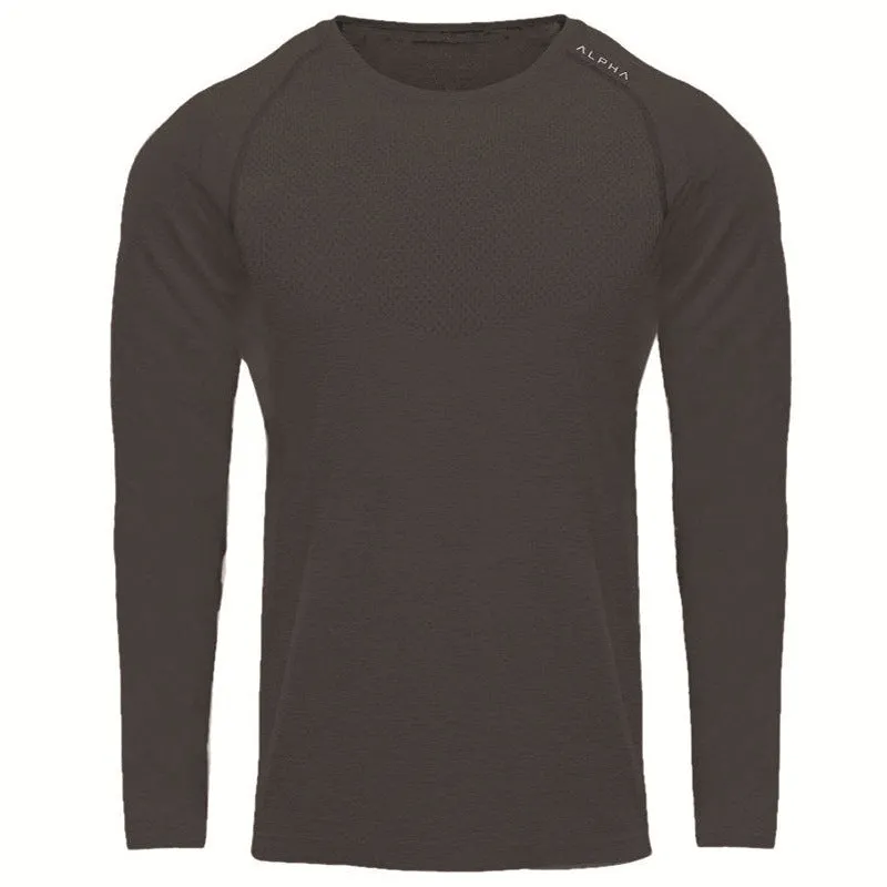 Men long sleeve mesh breathable gym T-shirt in black, crew-neck, heavy jersey fabric, size M to XXL